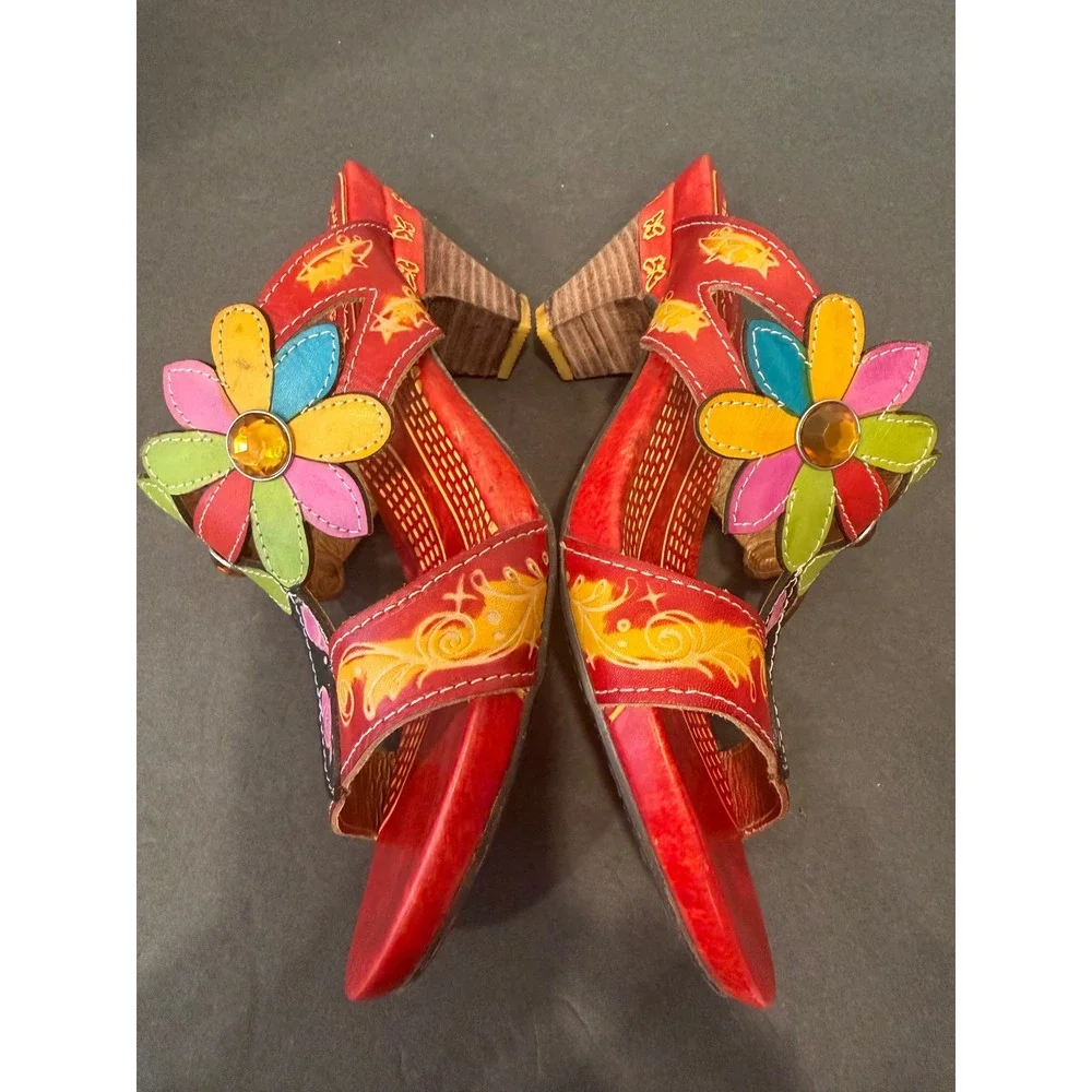 Spring Step Papaya Red Leather Slip On Hand‎ Painted Floral Low Heel Sandals 8.5